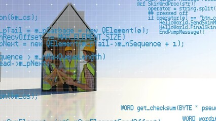 Poster - Animation of coding on digital interface with caucasian engineers working on house model