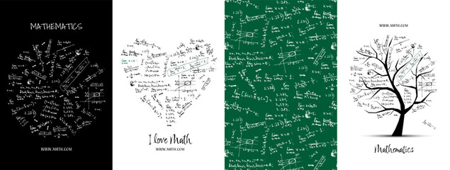 Math concept art collection. Frame, pattern, tree. Set for your design project - cards, banners, poster, web, print, social media, promotional materials. Vector illustration