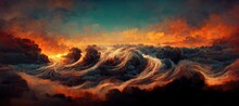 Dramatic Fiery Armageddon Seascape, Impossibly Turbulent Surreal Hurricane Storm Clouds And Unreal Burning Sunset Horizon. Gloomy Overcast Post Apocalyptic Climate Disaster, Digital Painting.