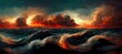 Dramatic fiery Armageddon seascape, impossibly turbulent surreal hurricane storm clouds and unreal burning sunset horizon. Gloomy overcast post apocalyptic climate disaster, digital painting.