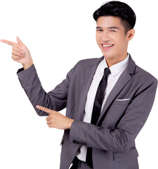 Portrait young asian business man pointing and presenting png transparent file, advertising and marketing, executive and manager, male confident showing success, expression and emotion.