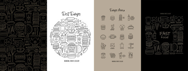 Wall Mural - Fast food icons. Hamburger pizza sausages snacks sandwich ice cream. Food menu. Set of concept art for your design project - cards, banners, poster, web, print, social media, promotional materials