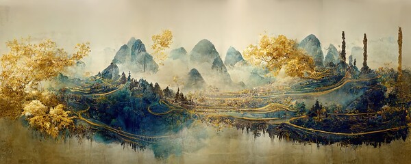 Poster - Oriental luxury landscape with watercolor brush. Mountains, forest, beautiful oriental-style exposition. 3d artwork