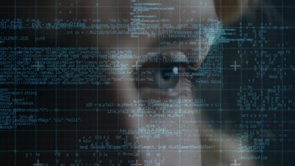 Poster - Animation of data processing over eye of caucasian woman