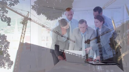 Poster - Animation of diverse business people over building site