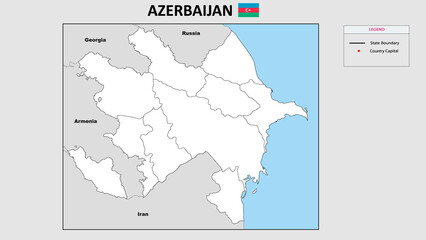  Azerbaijan Map. State and district map of Azerbaijan. Political map of Azerbaijan with outline and black and white design.