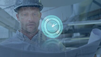 Poster - Animation of clock moving over caucasian male engineer with plan and construction site