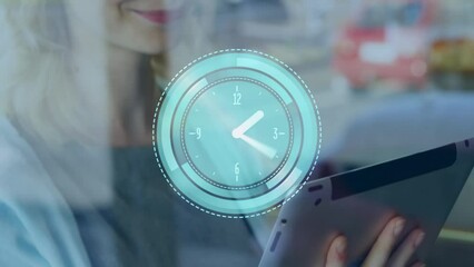 Poster - Animation of clock moving over hands of caucasian businesswoman using tablet