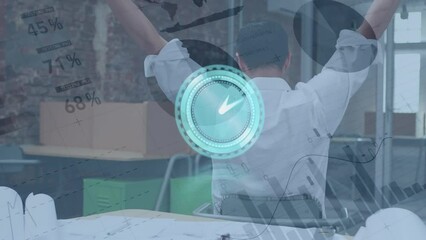 Poster - Animation of clock moving over financial data and biracial businessman in office