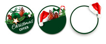 Round Label Set With Christmas Decoration. Santa Hat, Gingerbread Man, Cookies, Gifts And Fir Twigs