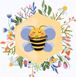 A cute honey bee on a honeycomb surrounded by blooming wildflowers. Beautiful illustration for your logo, label. Concept of organic products. Vector illustration.