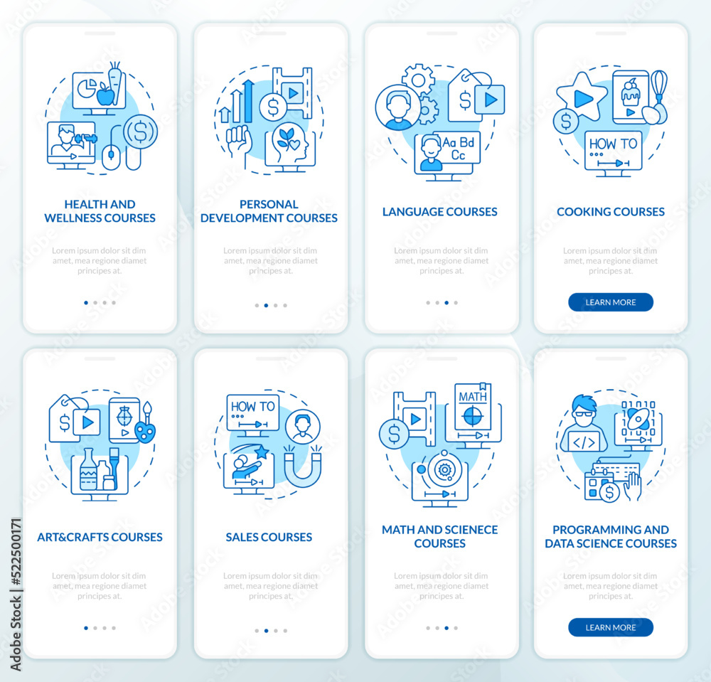 Online education fields blue onboarding mobile app screen set ...