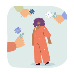 Poster - Hands of men giving field flowers to beautiful cartoon woman. Girl choosing partner flat vector illustration. Romance, love, relationship, popularity concept for banner, website design or landing page