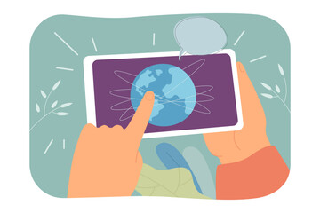 Poster - Hands holding cellphone with globe on screen and speech bubble. Finger touching planet on phone screen flat vector illustration. Global communication, social network, cyberspace concept for banner