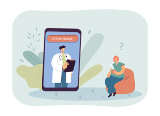 Poster - Huge phone with online doctor on screen and tiny patient. Medical consultation or appointment via Internet flat vector illustration. Technology, medicine concept for banner or landing web page