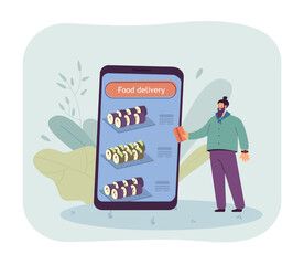 Poster - Tiny customer ordering sushi rolls via mobile app on huge phone. Man buying Japanese food online flat vector illustration. Food delivery, technology concept for banner, website design or landing web