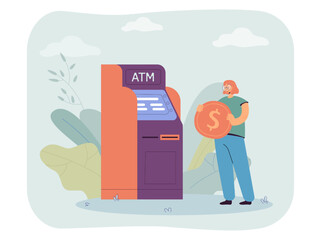 Poster - Happy woman standing next to ATM holding big gold coin. Client withdrawing money from machine flat vector illustration. Finances, banking, payment, transaction concept for banner or landing web page