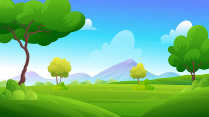 Wall Mural - Summer forest nature landscape with mountains green field, trees under blue sky