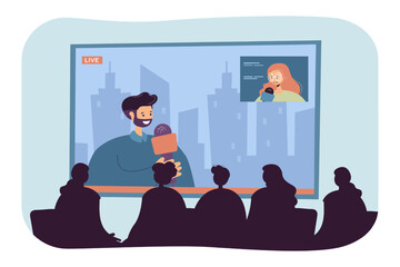 Poster - Silhouettes of audience watching news reportage. TV presenter talking to correspondent flat vector illustration. Journalism, television, broadcasting concept for banner, website design or landing page