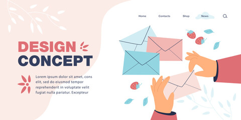 Poster - Hands putting letter in envelope flat vector illustration. Top view of persons hands sealing envelopes on table. Correspondence, mail concept for banner, website design or landing web page