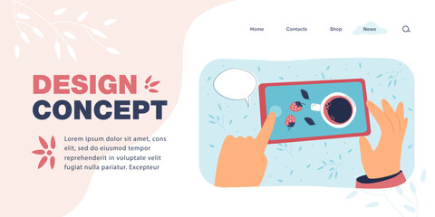 Poster - Hands taking photo of breakfast flat vector illustration. Person touching screen, taking picture for social media. Photography concept for banner, website design or landing web page