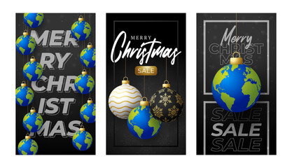 planet earth christmas ball card. merry christmas world greeting card set. hang on a thread earth pl