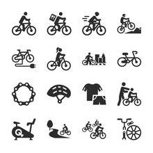 Riding A Bicycle Icons Set. Cycling, Racing, Downhill, Freeride. Tools And Equipment For The Bike. Monochrome Black And White Icon.