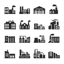 Industrial Buildings Icons Set. A Structure For Production, Storage And Processing. Pipe And Smoke. Monochrome Black And White Icon.