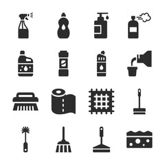 Cleaning products icons set. Home cleaning equipment, domestic life and household. Monochrome black and white icon.