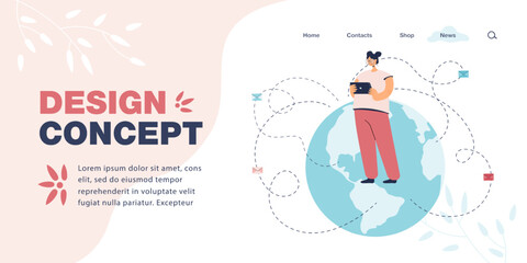 Poster - Girl with tablet sending messages around world. Female character in front of globe flat vector illustration. Global or international communication, network concept for banner or landing web page