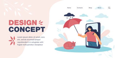 Girl holding umbrella over cat through phone screen. Woman taking care of her sleeping pet flat vector illustration. Love, friendship concept for banner, website design or landing web page