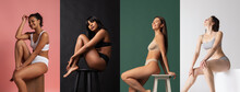 Portraits Of Young Beautiful Women Wearing Underwear Isolated Over Colored Background. Wellness, Wellbeing, Fitness, Body Positive, Authenticity Concept.