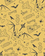 Seamless Pattern With Mushrooms, Beetles, Autumn Leaves And Halloween Traditional Symbols. Suitable For Wallpaper, Gift Paper, Pattern Fill, Web Page Background, Autumn Greeting Cards.