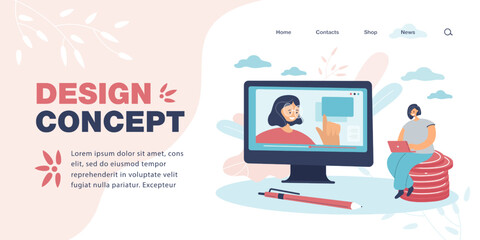 Poster - Girl sitting on stack of coins and learning about finances. Teacher or professor on computer screen flat vector illustration. Financial literacy, online education concept for banner, landing web page