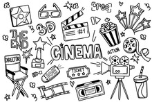 Hand Drawn Doodle Movie Set. Cinema Theater And Film Making Accessories. Symbols Collection Of Popcorn, Video Tape, Camera, Clapperboard And Director Chair Isolated On White Background.