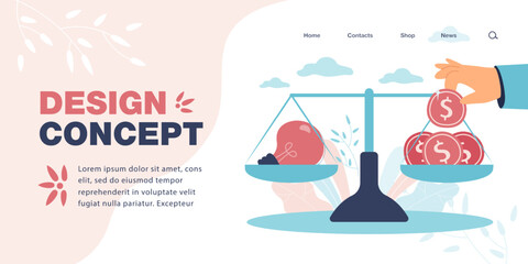 Poster - Coins and lightbulb on scales flat vector illustration. Evaluating value of creative idea. Balance between startup project and finance. Money concept for banner, website design or landing web page