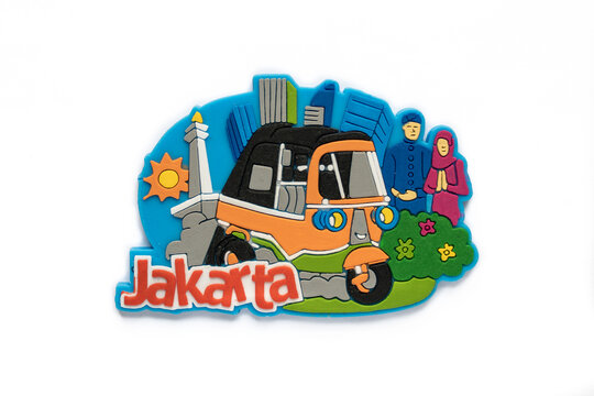 Wall Mural - Colorful souvenir fridge magnet from Jakarta, Indonesia isolated on white background.