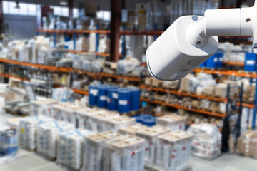 Poster - closed circuit camera Multi-angle CCTV system against the background of a modern warehouse complex. The concept of protection of goods
