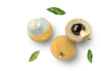Poster - Fresh longan fruit with half slice and green leaves isolated on white background, top view, flat lay.