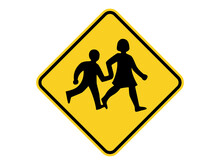Isolated Silhouette Boy And Girl, Children Crossing Road Sign Symbol On Round Diamond Square Board For Information, Notification, Alert Post, Road Or Street Board Etc. Flat Vector Design.