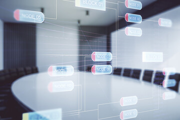 Poster - Double exposure of abstract programming language interface on a modern meeting room background, research and development concept
