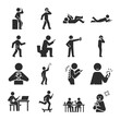 Use a smartphone, using phone, people icons set. Talking, playing games on mobile phones, different postures.. Vector black and white icon, isolated symbol