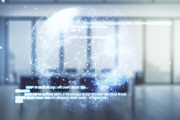 Poster - Multi exposure of abstract software development hologram and world map on a modern meeting room background, global research and analytics concept