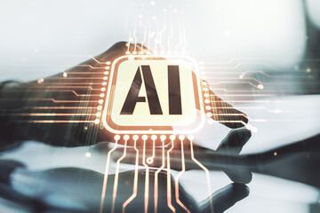 Aufkleber - Creative artificial Intelligence symbol concept with finger clicks on a digital tablet on background. Multiexposure