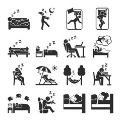 Sleep icons set. People sleeping in different places. A man sleeps and napping. Vector black and white icon