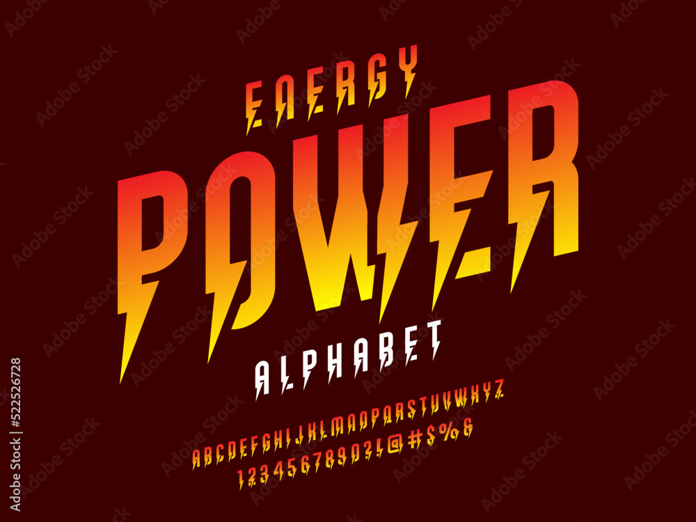thunder bolt style alphabet design with uppercase, numbers and symbol ...