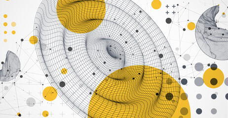 Template for science and technology presentation. Wireframe waves. Plexus style background.