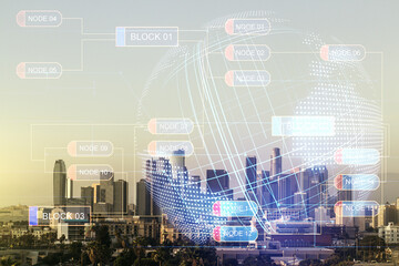 Poster - Multi exposure of abstract software development hologram and world map on Los Angeles skyscrapers background, global research and analytics concept