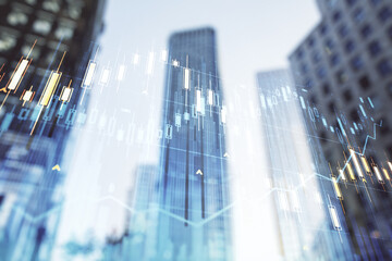 Poster - Double exposure of abstract financial graph on office buildings background, forex and investment concept