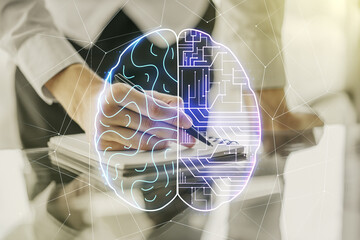 Aufkleber - Double exposure of creative artificial Intelligence symbol with man hand writing in notebook on background. Neural networks and machine learning concept